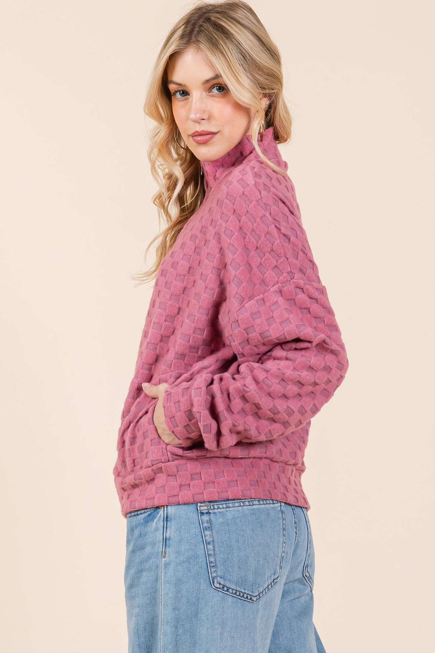Fuzzy Checkered 1/4 Zip Sweatshirt