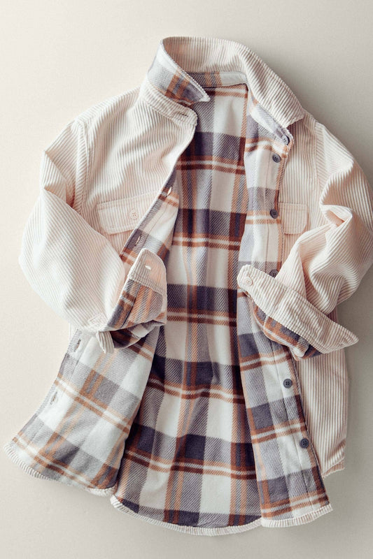 Plaid Lined Corduroy Flannel Shacket in Cream