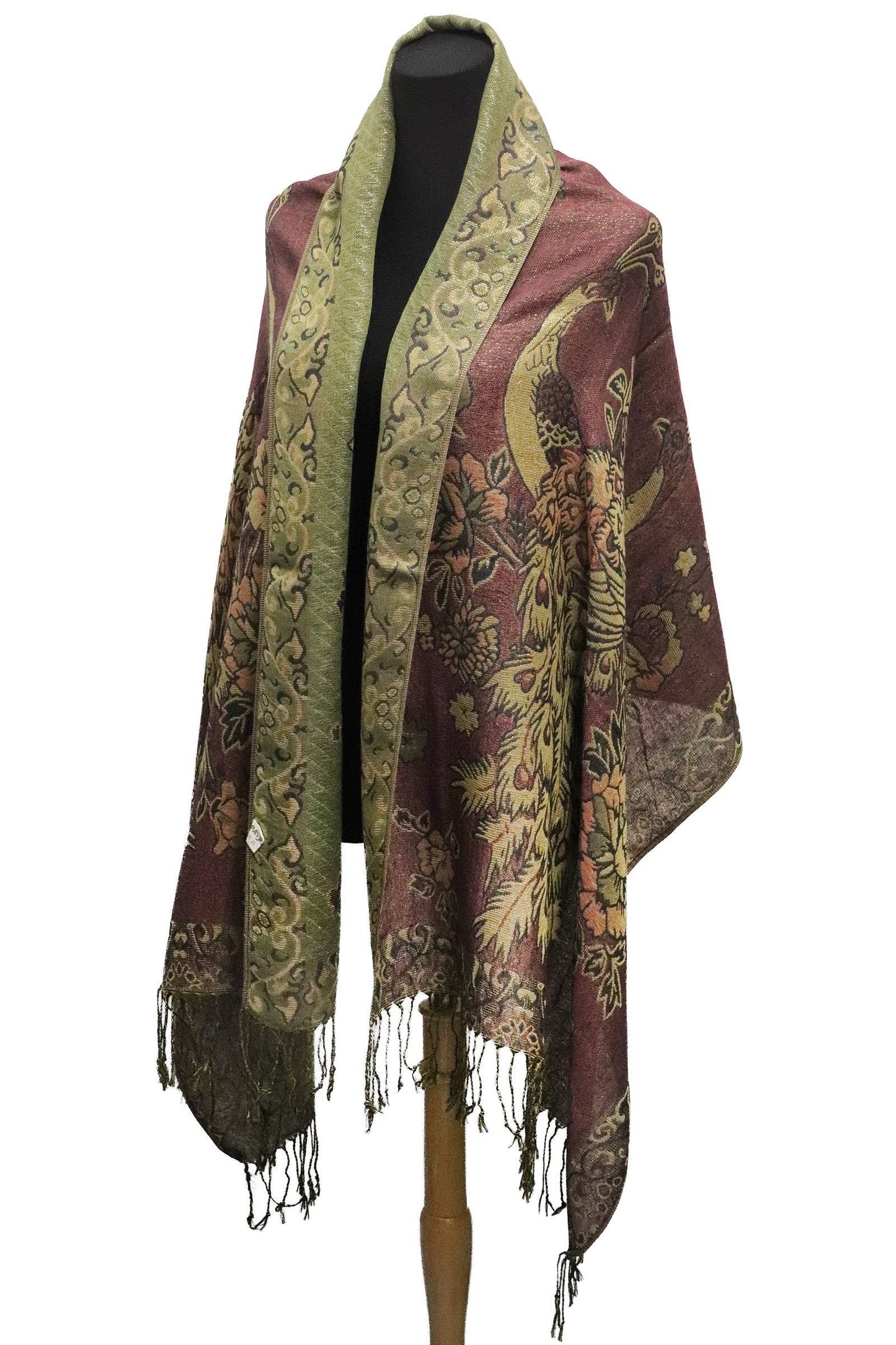 Peacock Peony Floral Metallic Pashmina Shawl Scarf