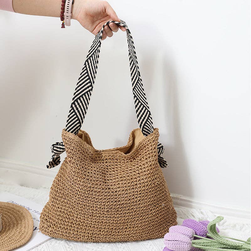 Woven Shoulder Bag with Striped Handle