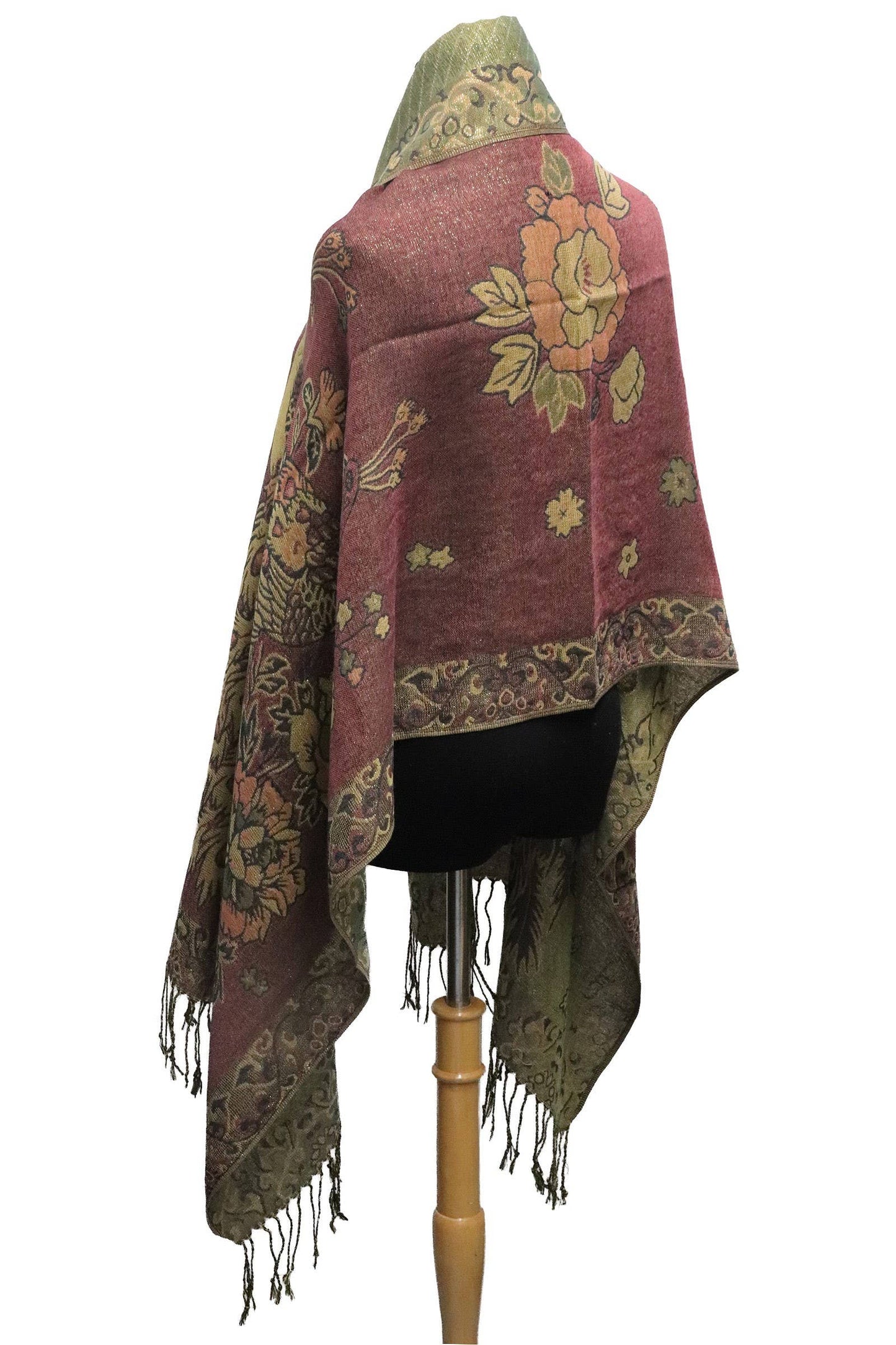 Peacock Peony Floral Metallic Pashmina Shawl Scarf