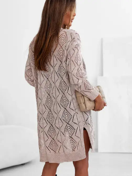 Openwork Knit Cardigan Sweater in Sand