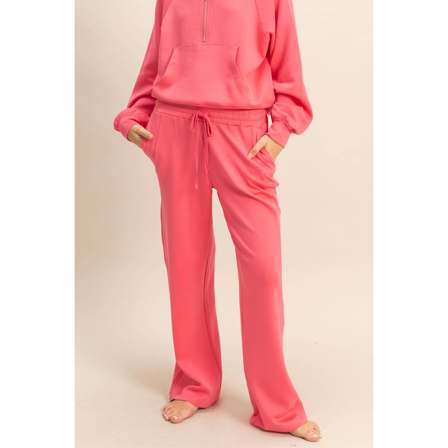 Double Knit High-Waist Wide-Leg Drawstring Sweatpants in Taffy Pink