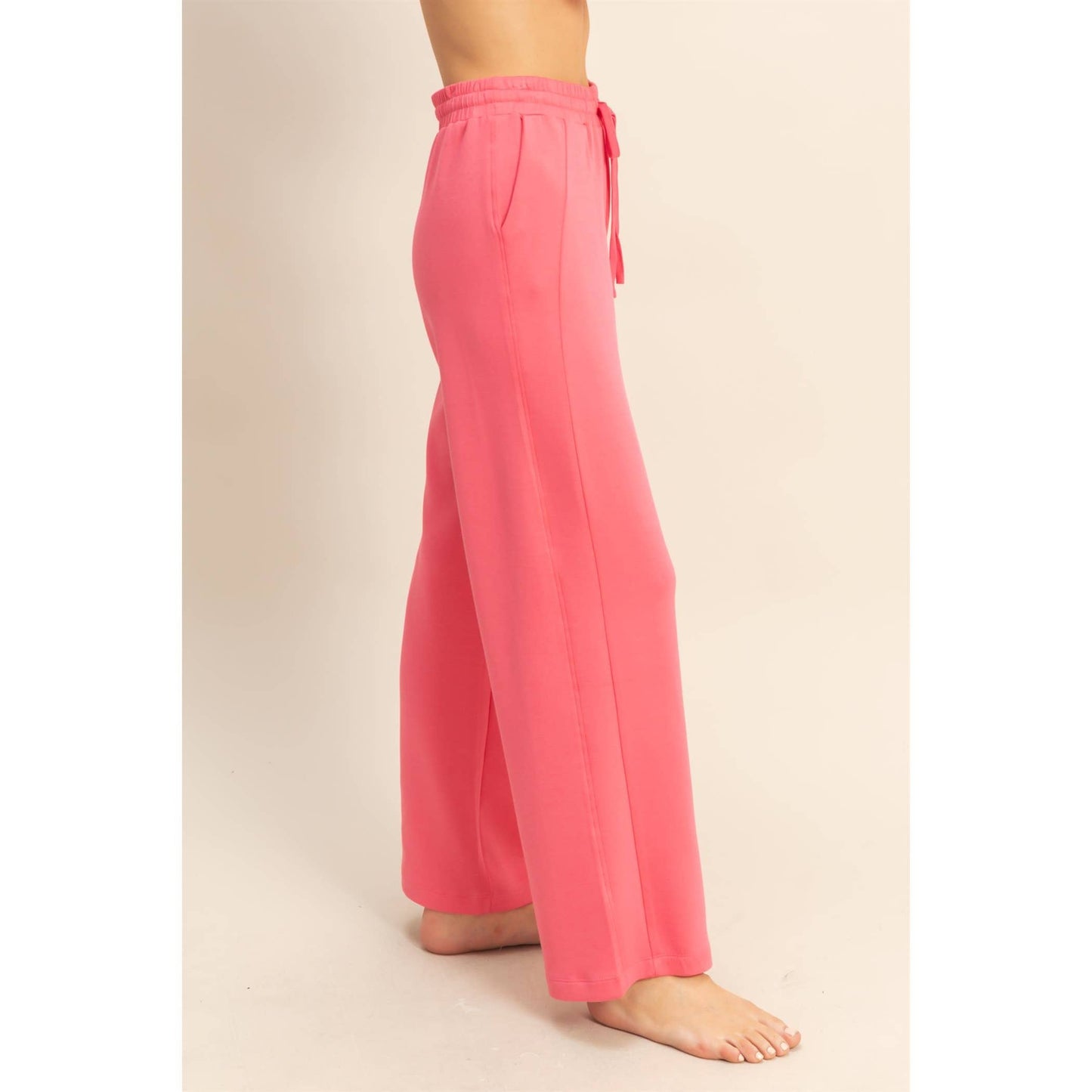 Double Knit High-Waist Wide-Leg Drawstring Sweatpants in Taffy Pink