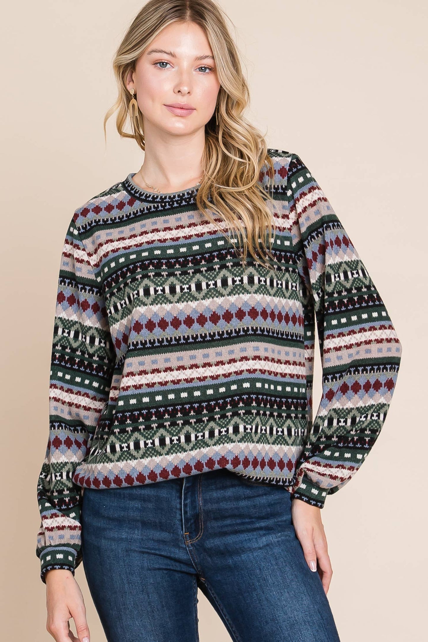 Holiday Vibes Mid-weight Knit Top in Olive and Berries