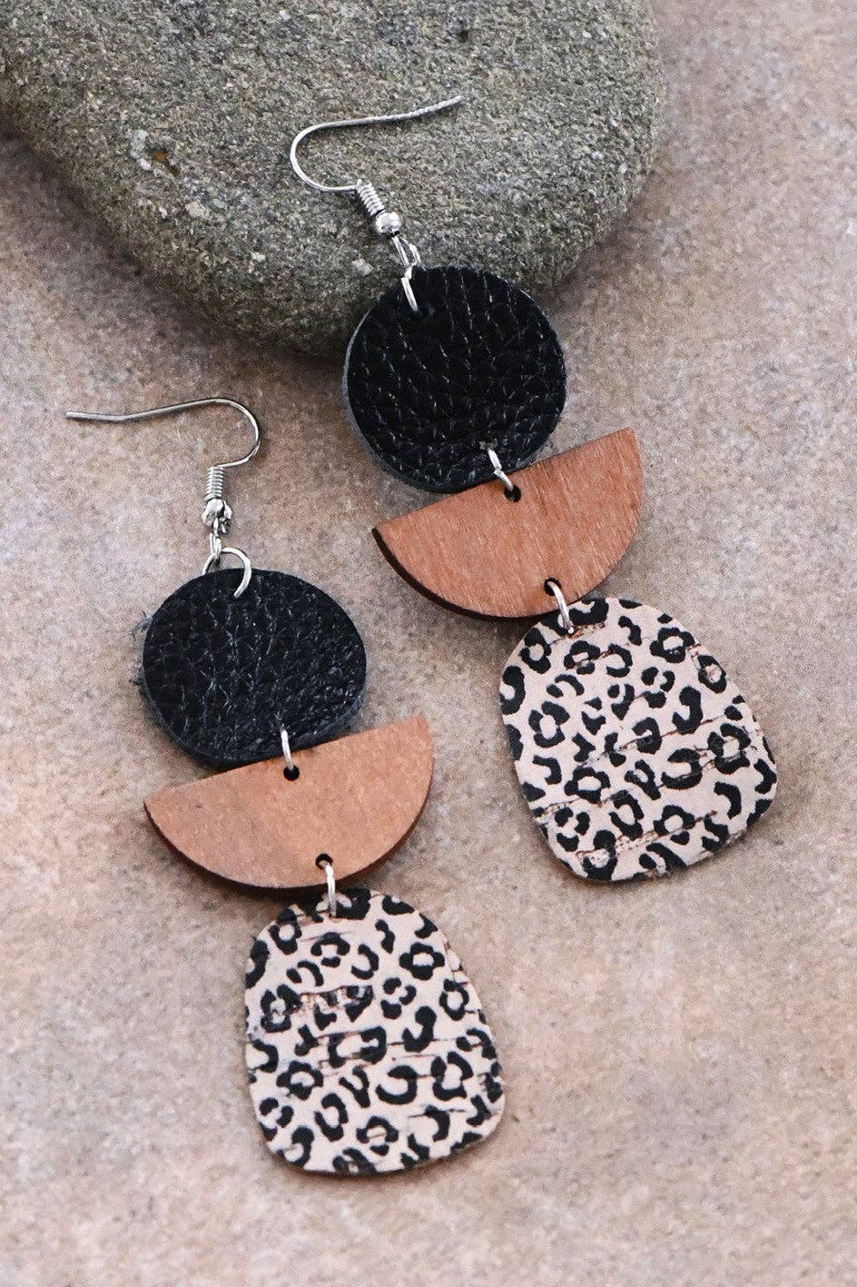 Leopard Printed Cork Earrings with Wood & Leather - 6423: S0OX3T6423