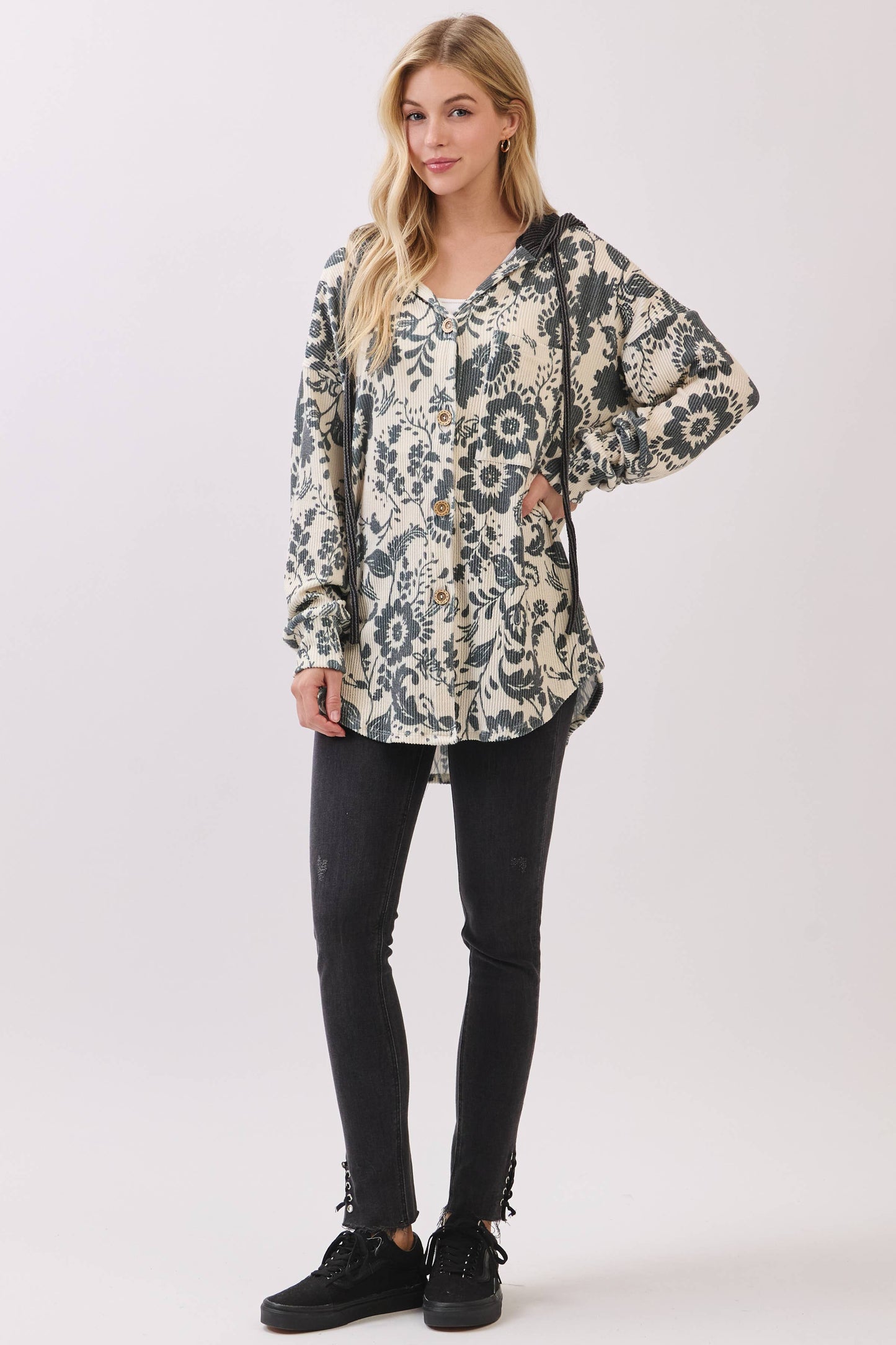 Floral Ribbed Knit Hoodie Shacket