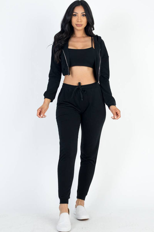 French Terry Cropped Cami with Cropped Zip-up Hoodie and Joggers Set in Black