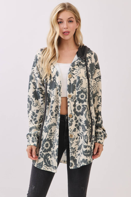 Floral Ribbed Knit Hoodie Shacket